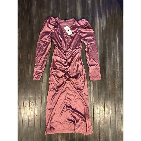 SHEIN Mauve Satin Puff Sleeve Ruched Wrap Midi Dress Purple Long Sleeve New - Picture 4 of 5